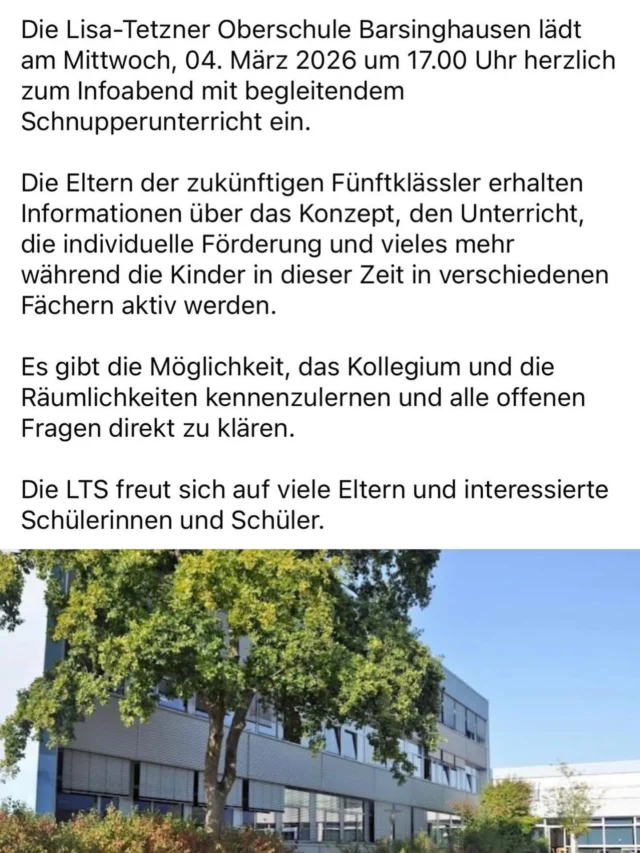Die Lisa-Tetzner-Oberschule lädt heute zum Infoabend um 17:00 Uhr ein.